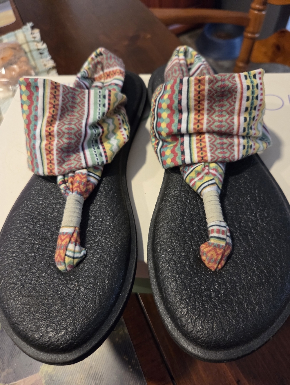 Sanuk Yoga Mat Boho Printed Fabric Tie Sandals - Black Footbed